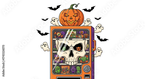 Spooky Halloween Vending Machine with Skull Candy and Ghostly Visitors Decoration