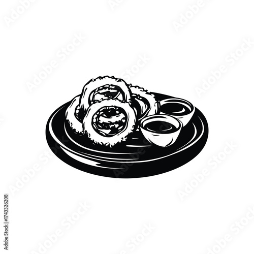 Hand drawn black and white illustration of crispy onion rings served with dipping sauce on a plate