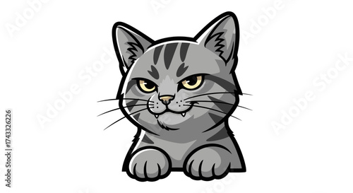 Cartoon gray tabby cat illustration with menacing expression and visible fangs creating humorous