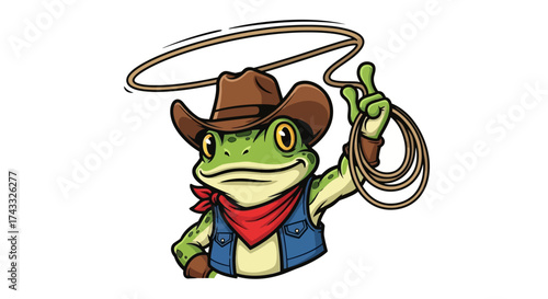 A Cartoon Frog Cowboy Tossing a Lasso: A Fun and Whimsical Illustration with Animal Theme
