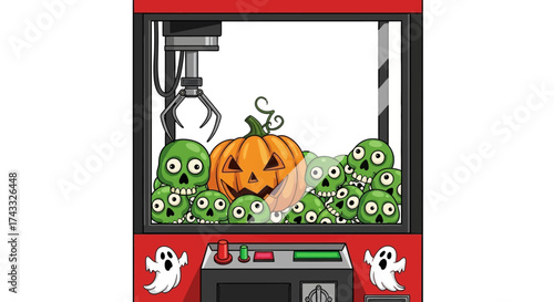 Halloween Claw Machine Filled with Spooky Green Skulls and a Jack-o'-Lantern Reward awaiting lucky