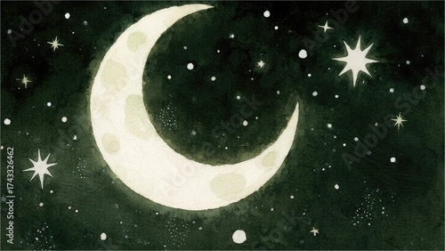Celestial Reverie: A dreamy, watercolor illustration features a luminous crescent moon and a scattering of radiant stars across a dark, evocative sky.