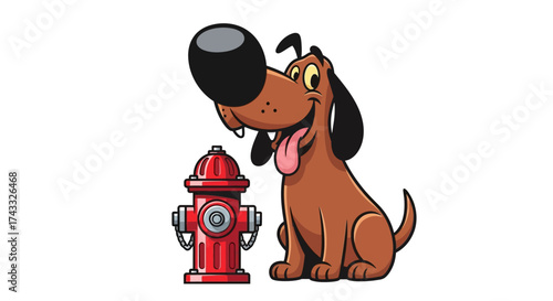 Cartoon dog illustration with a big nose sitting next to a fire hydrant design