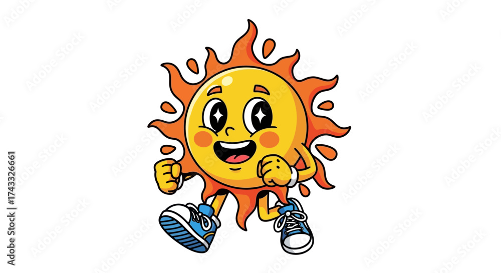 Obraz premium Cartoon illustration of a sun character wearing sneakers and smiling widely radiating positive