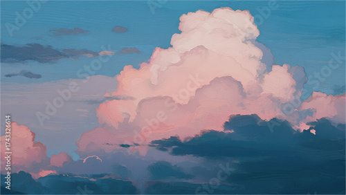 Dramatic Sky of Clouds: A breathtaking composition of majestic clouds paints the sky, with soft hues of pink and grey blending together.