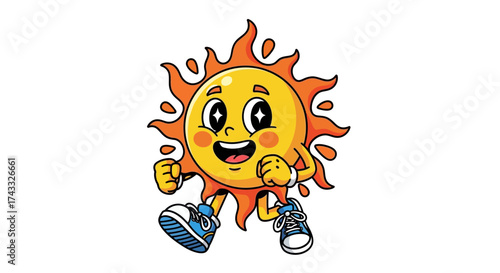 Cartoon illustration of a sun character wearing sneakers and smiling widely radiating positive