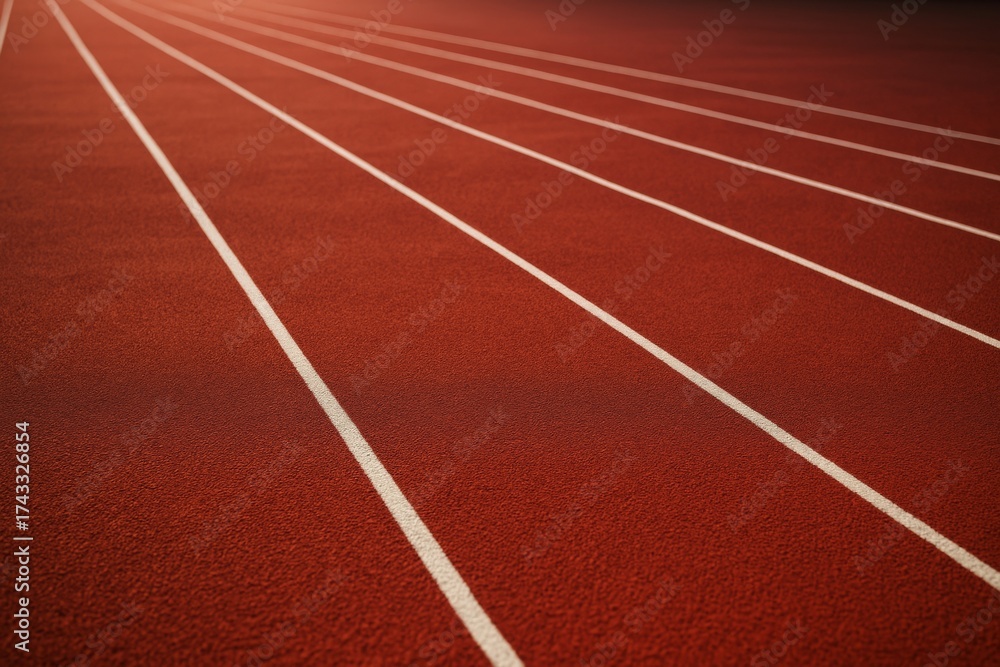 Fototapeta premium Empty red running track with white lanes under soft natural light, forming a clean and dynamic sports-themed abstract background scene. Ai generative