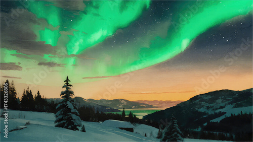Celestial Symphony: Aurora Borealis dancing across the starlit sky, casting an ethereal glow over a serene snow-covered landscape. Witness the magic of the polar lights and let your imagination soar.