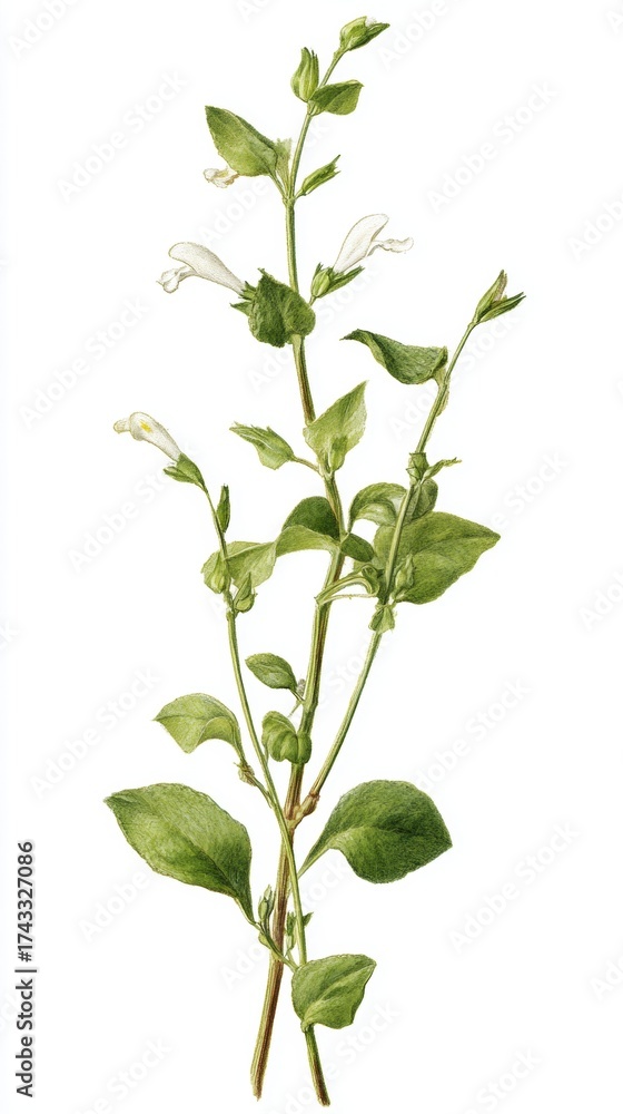 Fototapeta premium Botanical illustration of a flowering plant with green leaves and small white blossoms