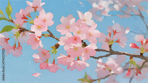 Cherry Blossom Branch in Spring: Delicate cherry blossom branch in full bloom, a burst of pink petals dancing against a serene, sunlit sky. Symbol of spring, fresh beginning, and fleeting beauty.