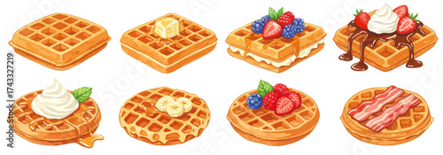 ワッフルとトッピングのイラストセット,スイーツ,メープルシロップ,ベリー,朝食,水彩風


