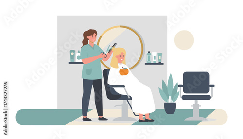Professional stylist gives a happy client a festive haircut in a modern beauty salon