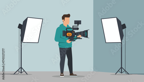 Filmmaker creating Halloween video content in a studio with softbox lights