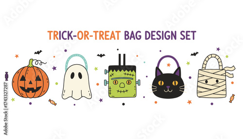 Cute Halloween trickortreat bag designs pumpkin ghost Frankenstein cat mummy Festive fun