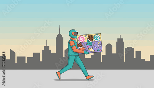 Delivery person carries a box of colorful candies and chocolates through the city