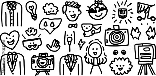 Doodle illustration featuring various characters and elements. This hand-drawn vector art set includes icons and graphics in a simple black and white format.