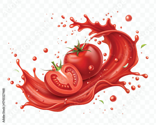 abstract 3d red tomato juice or ketchup sauce splashes in different style isolated on transparent background	