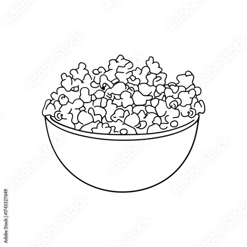 Simple black and white line drawing of a bowl overflowing with popcorn
