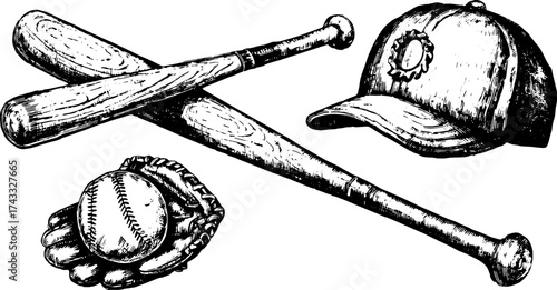 Baseball equipment set featuring a bat, glove, cap, and ball. Simple black outline vector illustration highlighting the sport theme.