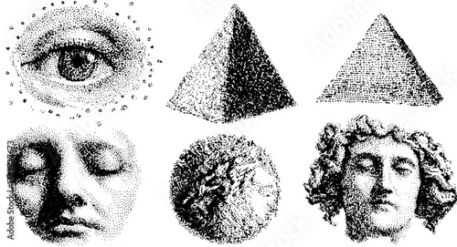 Illustration featuring an eye, pyramid, and human faces in black and white. A vintage vector design with abstract shapes and textures in a cohesive set.
