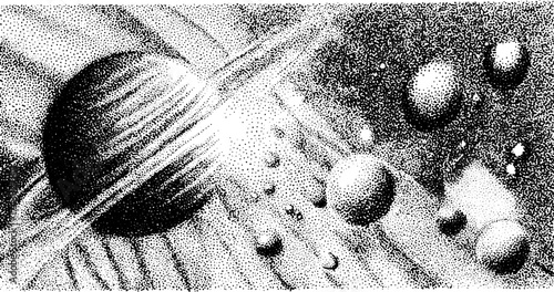 Space universe illustration featuring planets and stars. Black and white vector design with a cosmic theme, creating a unique visual image.