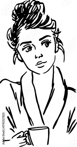 Woman portrait sketch holding a coffee cup. Minimal line art vector illustration showcasing a relaxed moment.