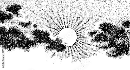Sun with rays shining through clouds. Simple black and white vector illustration featuring dot patterns and a minimalistic design.
