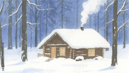 Winter Cabin Serenity: A quaint wooden cabin nestled amidst a snowy forest, smoke curling gently from the chimney, evokes a sense of warmth, comfort, and peace.
