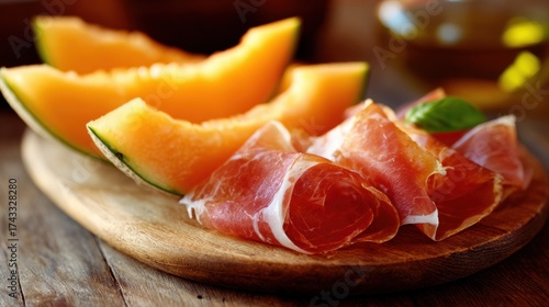 Slices of cantaloupe melon and cured ham arranged on a wooden plate