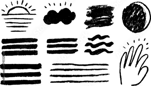 Illustrations of sun, moon, cloud, and hand in black. Simple vector graphic with bold lines and abstract shapes in a design set.