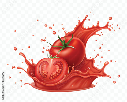 abstract 3d red tomato juice or ketchup sauce splashes in different style isolated on transparent background	