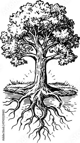 Tree illustration with detailed roots, trunk, and leaves. Black and white vector art emphasizing natural elements in a simple design.
