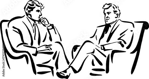 Men engaged in a conversation in a minimal outline style. This vector illustration depicts a professional dialogue in a business set.