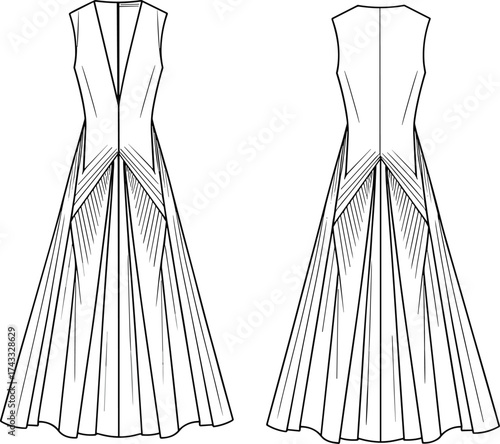 Technical fashion illustration, sleeveless floor length dress, deep V neckline, fitted bodice, pleated panel skirt, elegant women’s apparel, front and back view
