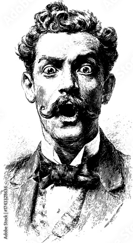 Man with mustache and shocked expression in black and white. Vintage style portrait vector illustration with detailed etching.