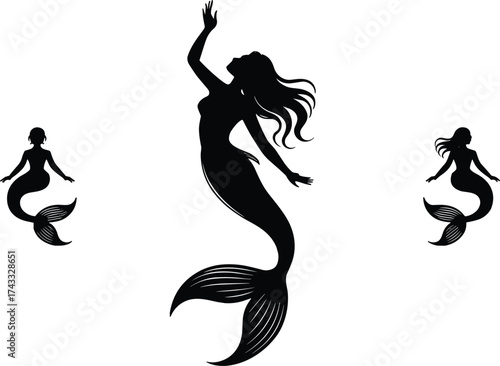 Mermaid silhouette illustration set, fantasy artwork, mythological sea creatures, black vector design, aquatic mythology clipart, mystical ocean character collection