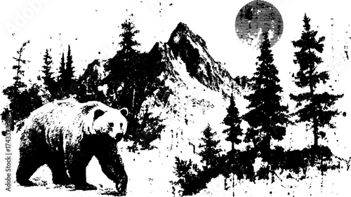 Bear walking in a forest landscape with mountains in the background. Vector illustration featuring nature and wildlife.