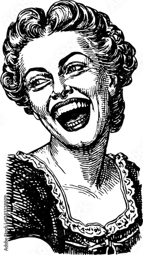 Vintage illustration of a laughing woman, featuring a black and white graphic style. This vector art captures charm and joy in a classic design.