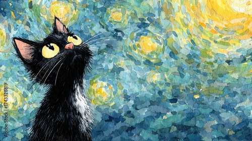 Black cat with wide eyes looking up against a swirling starry night sky painted in impressionistic style