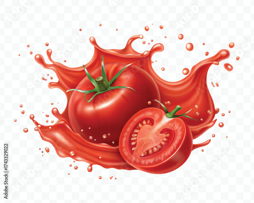 abstract 3d red tomato juice or ketchup sauce splashes in different style isolated on transparent background	