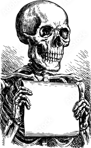 Skeleton holding a sign in black and white outline. Vintage engraving style vector illustration with detailed lines and classic drawing aesthetics.