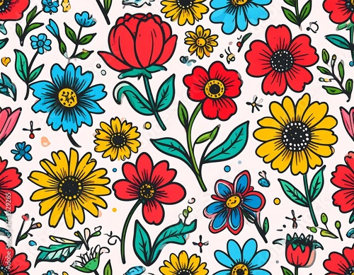 Wallpaper Mural Vibrant Hand-Drawn Floral Doodle Pattern Torontodigital.ca