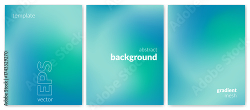 Abstract liquid background set. Gradient mesh. Effect blend turquoise color. Blurred fluid colorful mix. Modern design template for web cover, header, ad banner, poster, brochure, flyer. Vector image