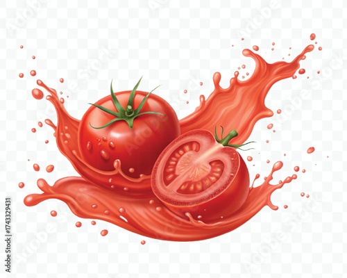 abstract 3d red tomato juice or ketchup sauce splashes in different style isolated on transparent background	
