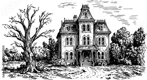 Vintage house illustration with detailed outline and drawing elements. Surrounded by an eerie tree and lush garden, this vector art features black and white contrasts.