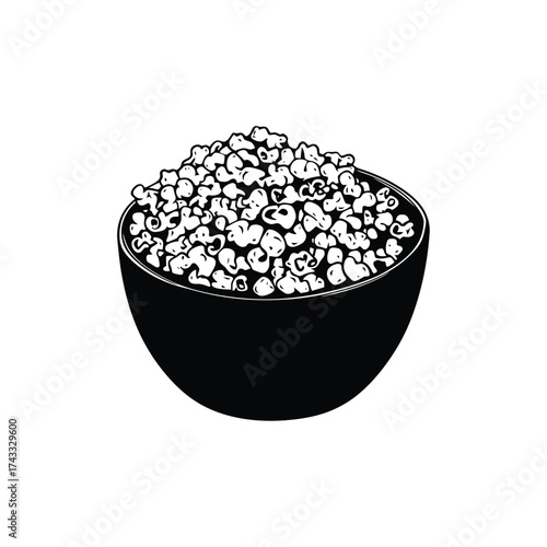 A black and white sketch of a bowl overflowing with fluffy popcorn kernels