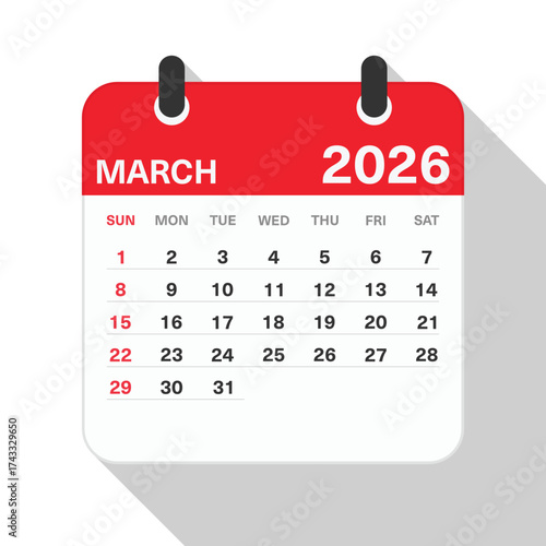 Monthly Calendar for March 2026. Red Theme on White Background