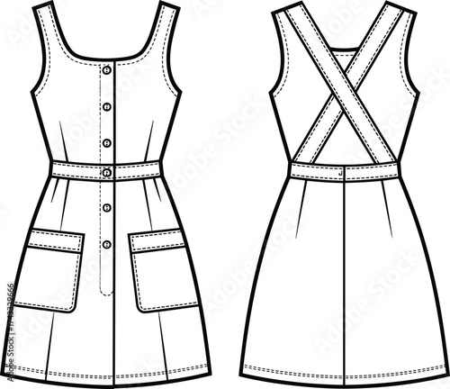 Technical fashion illustration, sleeveless dress design, scoop neckline, button front closure, waistband detail, patch pockets, pleated skirt, crisscross strap back