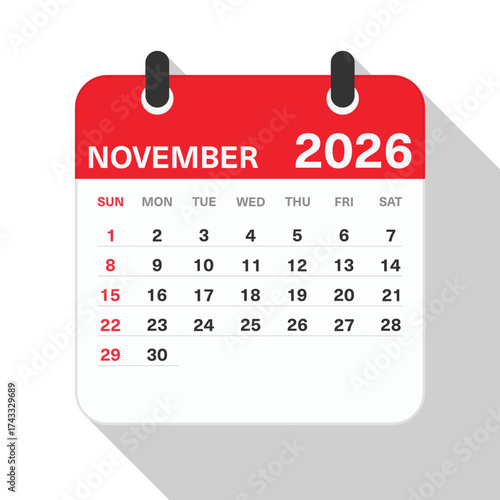 Monthly Calendar for November 2026. Red Theme on White Background
