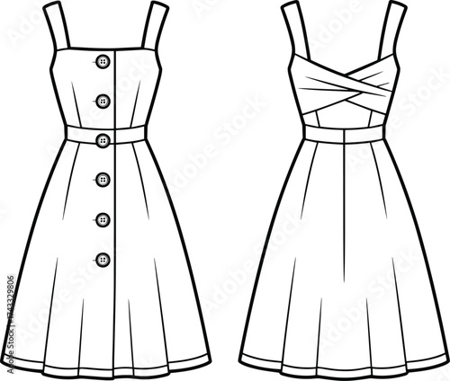 Technical fashion illustration, sleeveless pleated dress, square neckline, button front closure, fitted bodice, flared skirt, crisscross back design, garment sketch